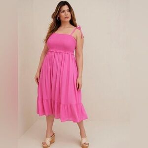 NEW Torrid Rayon Tiered Dress Midi Pink Glo Smocked Bow Size 2X 18/20 NWT